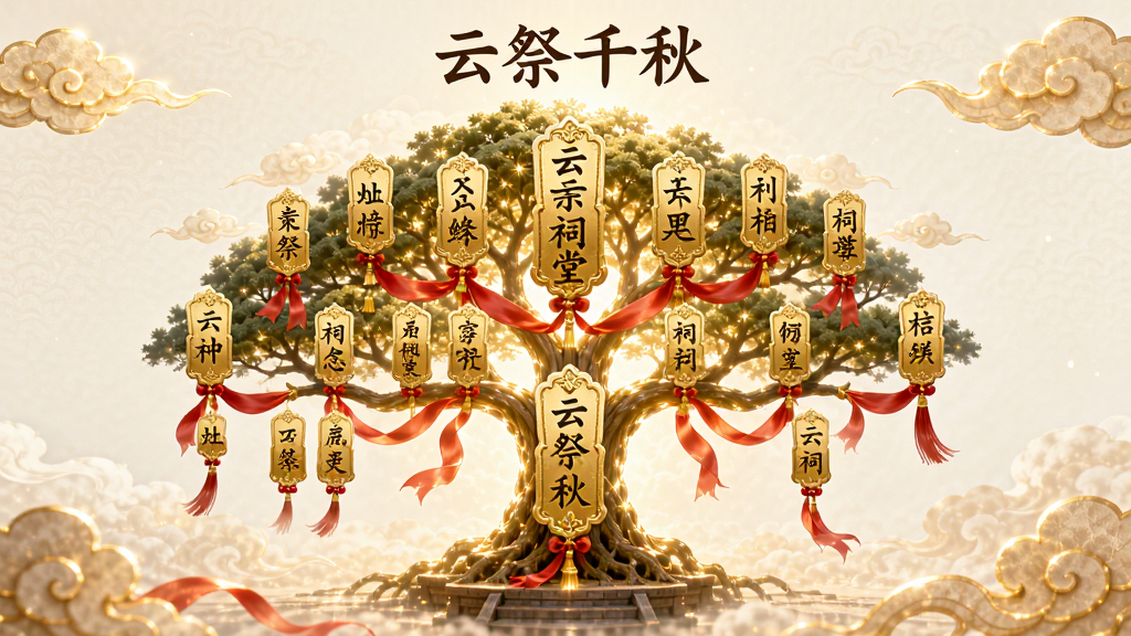主体为“云祭千秋”家族祠堂界面,布局为居中展示一棵发光的家族树,排版为树形结构连接多个纪念节点,风格为庄重典雅的中国风数字艺术,细节包括金色姓氏牌位、红色绸带、祥云环绕,画质高清,干净,无多余元素