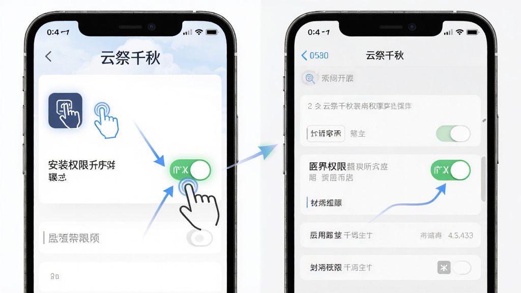 主体为“云祭千秋”应用操作界面与手机设置页面对照,布局为左右分屏展示安装权限开启步骤,排版清晰标注每一步操作位置,风格为简洁明了的教程图示,细节包括手指点击图标、权限开关高亮、箭头指引,画质高清,干净,无多余元素