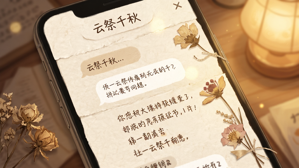 主体为“云祭千秋”留言界面,布局为手机屏幕特写,排版为对话框与手写文字结合,风格为柔和治愈的插画风,细节包括信纸纹理、干花装饰、暖色灯光,画质高清,干净,无多余元素