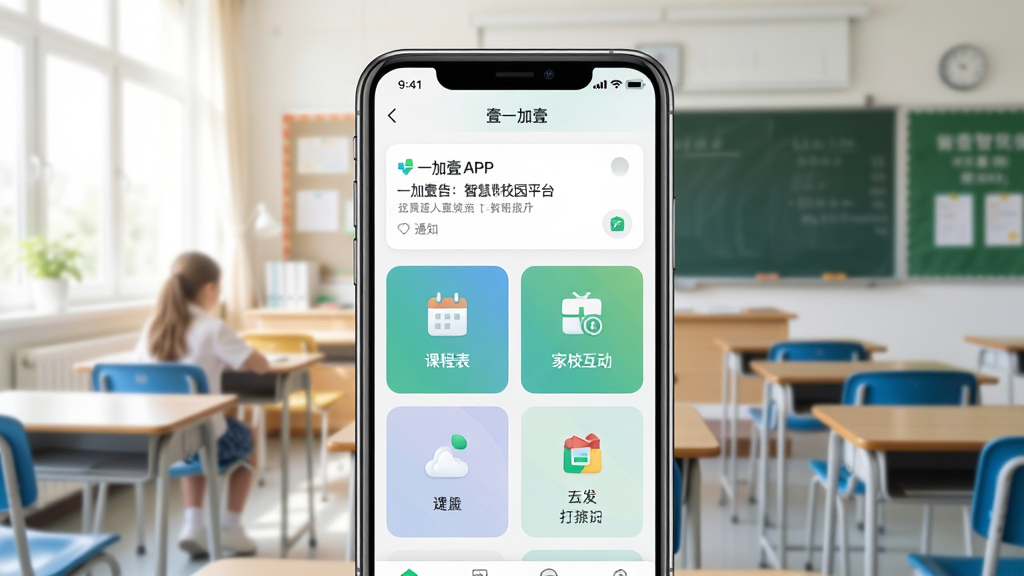 一张展示一加壹智慧校园平台整体界面的预览图,画面中央是一部智能手机,屏幕上显示着一加壹APP的主页布局,包含通知公告、课程表、家校互动等模块图标,背景为明亮的教室环境,整体风格清新简洁,画质清晰,干净无多余元素