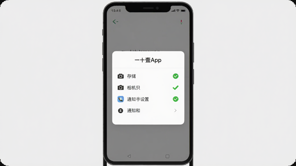 一加壹APP安装与权限设置示意图,画面中展示手机屏幕上的权限授权弹窗,包含存储、相机、通知等选项,旁边有勾选标记,背景为浅灰色,风格简洁明了,画质清晰,干净无多余元素