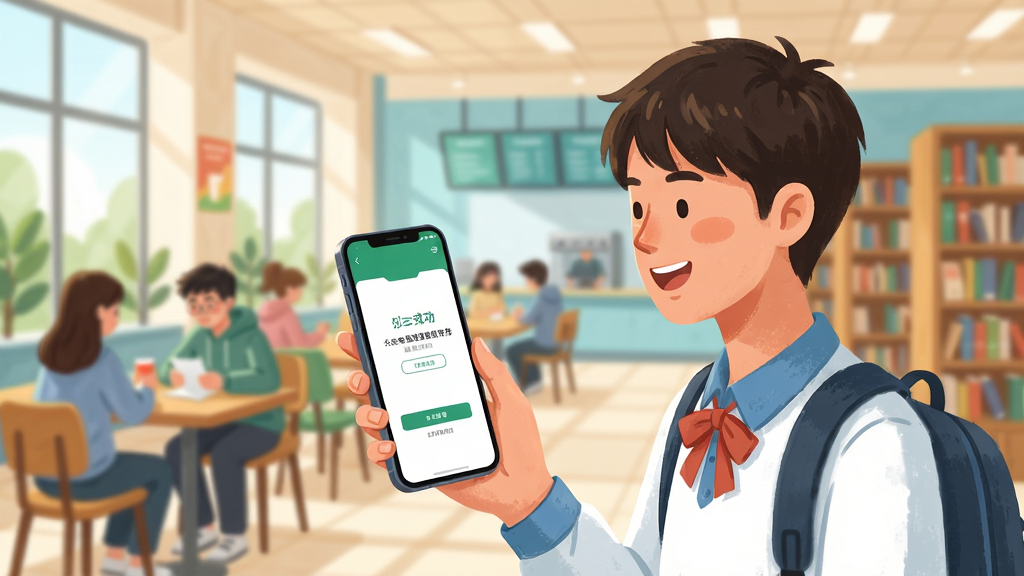 一加壹校园生活服务功能展示图,画面中一名学生使用手机在校园内完成扫码消费,屏幕显示支付成功界面,背景为学校食堂或图书馆,风格明亮活泼,画质清晰,干净无多余元素