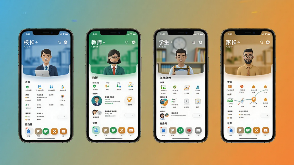 一加壹多角色权限界面展示图,画面中并排展示四部手机,分别显示校长、教师、学生、家长四种角色的首页布局,背景为纯色渐变,风格简约现代,画质清晰,干净无多余元素
