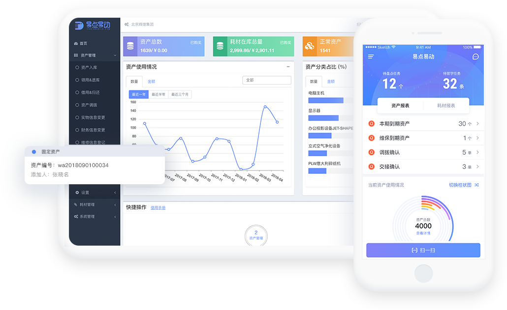 易点固定资产管理报表与权限设置界面