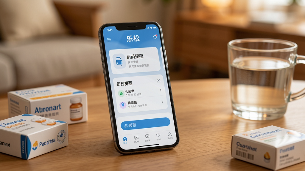 画面主体为一款智能手机,屏幕中显示乐松APP的首页界面,界面布局清晰,有用药提醒卡片和药品搜索框,手机放置在木质桌面上,旁边散落着几盒常用药品和一杯温水,背景是温暖的家居环境,风格为写实摄影,细节包括屏幕反光和药品包装纹理,画质高清,干净,无多余元素。