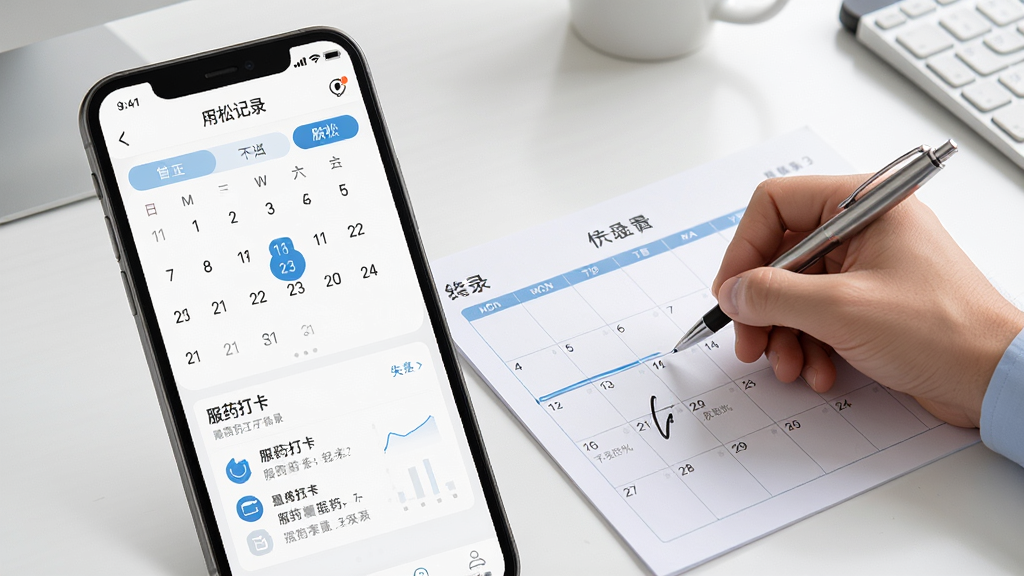 画面主体为乐松APP的用药记录页面截图,页面上有日历视图和服药打卡记录,旁边有一只手拿着笔在纸质日历上做标记,背景是干净的书桌,风格为简洁商务,细节包括APP界面的图表和文字清晰可见,画质高清,干净,无多余元素。