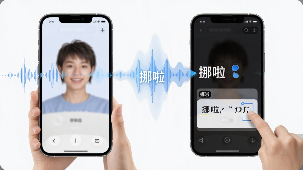 一张展示用户对着手机说话,声波转化为文字并自动填入