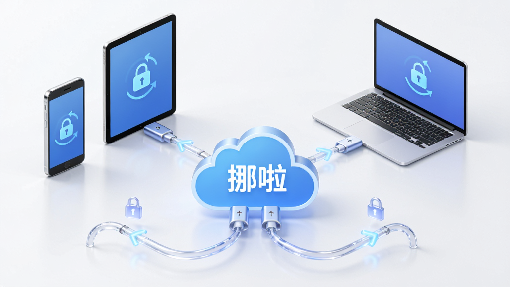 一张概念图,展示手机、平板和笔记本电脑通过透明的数据线连接到一个带有