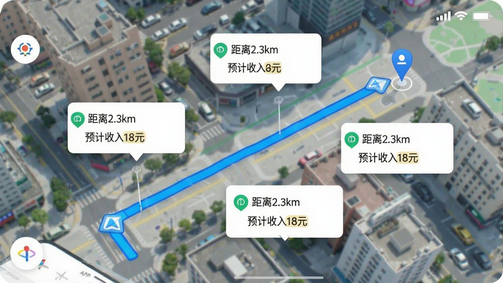在运力士APP地图界面上,一条从起点到终点的蓝色导航路线正在生成,路线周围有多个订单卡片浮动,卡片上显示“距离2.3km”“预计收入18元”等字样,手机屏幕右上角有信号和电量图标,背景为城市街区俯瞰图,风格简洁现代,色彩明亮,画质清晰,无杂乱元素