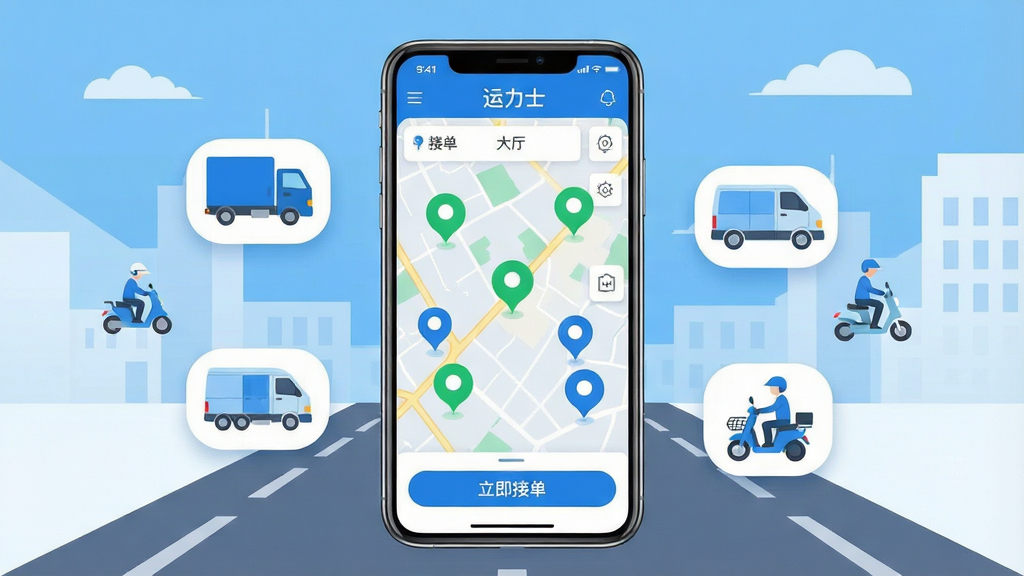 一张名为“运力士”的同城货运接单软件手机界面展示图,画面中央是一部竖屏智能手机,屏幕内显示运力士APP的地图接单大厅,地图上有多个绿色和蓝色的订单气泡标注,底部有“立即接单”按钮,手机两侧漂浮着货车、面包车、电动车骑手的小图标,背景是简洁的城市道路与天空,整体风格为扁平化科技感,色彩以蓝色和白色为主,画面干净整洁,无多余元素,高清画质,产品展示风格