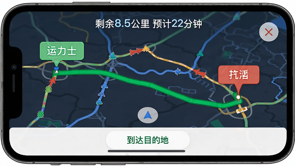 运力士APP导航界面截图风格,手机横屏显示地图路线,起点和终点用醒目标签标注,路线为绿色粗线,周围有实时路况颜色提示,屏幕上方显示“剩余8.5公里 预计22分钟”,下方有“到达目的地”按钮,整体风格清晰易读,适合货运司机使用,画质干净无杂物