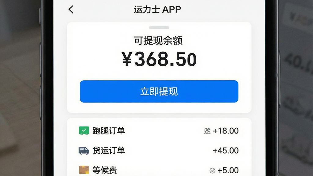运力士APP钱包页面展示,屏幕中央显示“可提现余额 ¥368.50”,下方有“立即提现”蓝色按钮,底部列表展示最近三笔收入记录,分别标注“跑腿订单 +18.00”“货运订单 +45.00”“等候费 +5.00”,背景为纯白卡片式设计,风格简洁商务,画质高清