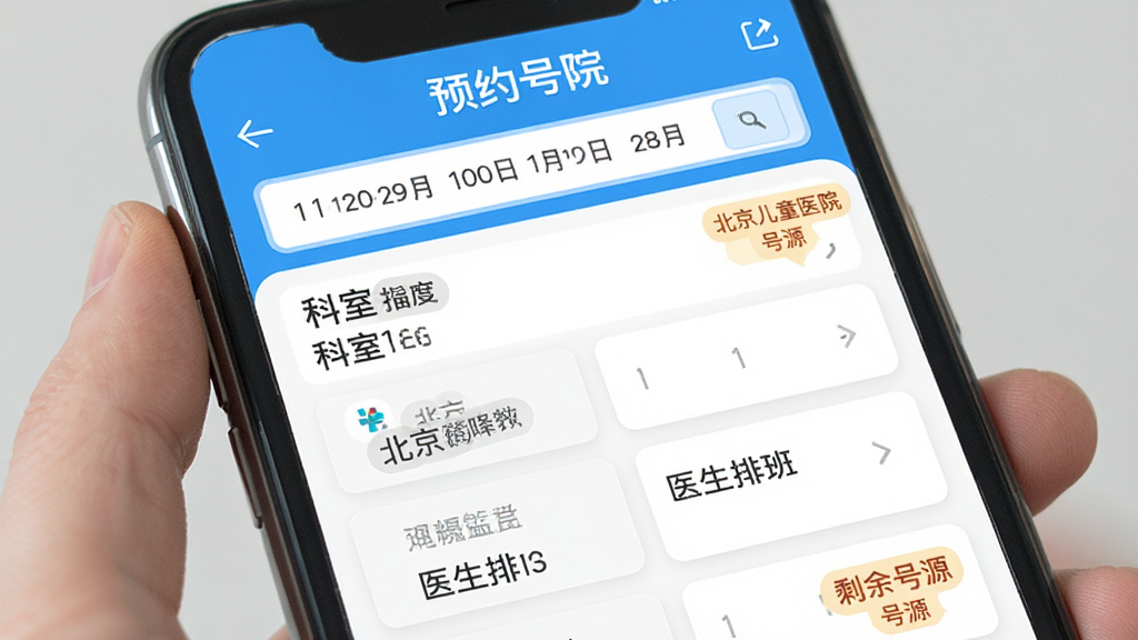 “北京儿童医院”APP预约挂号页面截图风格,画面展示科室列表与医生排班卡片,主体为手机界面,布局采用上下滑动列表,风格为清新医疗蓝白配色,细节包含日期选择条和剩余号源标签,画质干净清晰无多余元素