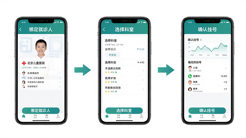 “北京儿童医院”APP使用教程示意图,画面为手机操作步骤分解图,主体为三台手机并排展示绑定就诊人、选择科室、确认挂号三个界面,布局为从左到右流程图,风格为简洁教程风,细节包含箭头指引和文字标注,画质清晰干净无多余元素