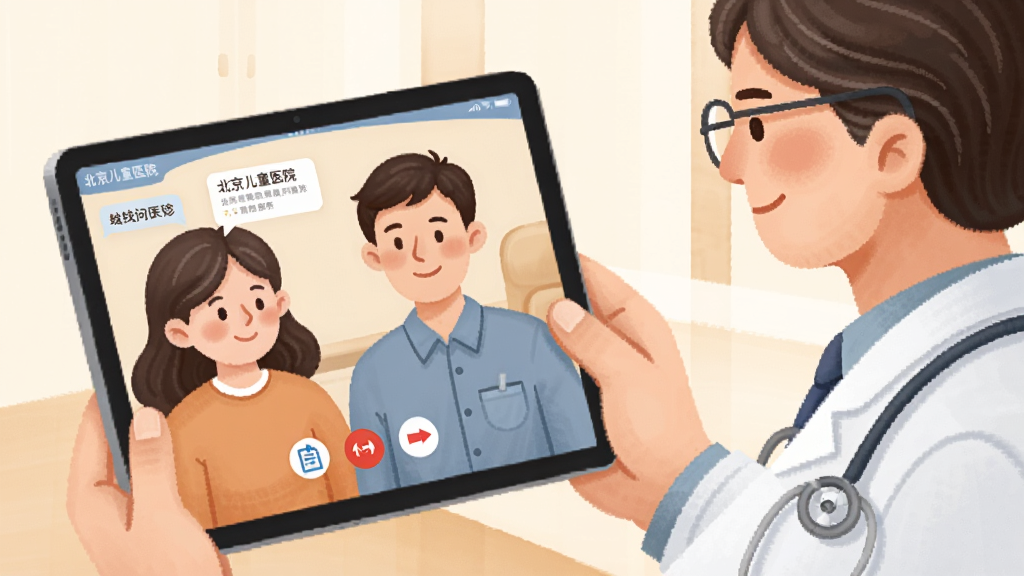 医生手持平板电脑查看“北京儿童医院”APP线上问诊界面,画面主体为医生与家长视频通话场景,布局为左右分屏,风格为温馨医疗插画风,细节包括对话气泡和处方单图标,画质柔和清晰无多余元素