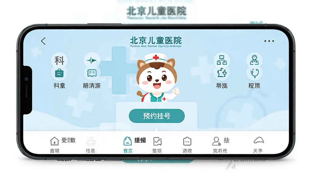 手机屏幕中展示“北京儿童医院”APP首页界面,画面中央是医院卡通吉祥物与预约挂号按钮,背景为浅蓝色医疗风格,布局简洁清晰,风格为扁平化UI设计,细节包括科室导航图标和底部菜单栏,画质清晰干净无多余元素