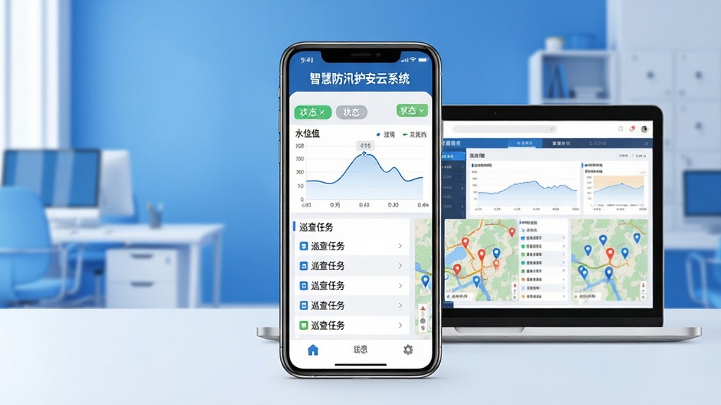 软件全貌展示图,画面中央呈现一部智能手机,手机屏幕上显示“智慧防汛护安云系统”的数据看板界面,包含水位曲线、巡查任务列表与地图标记点,背景为简洁的蓝白色调办公环境,桌面放置一台笔记本电脑同步显示相同界面,整体布局居中对称,风格为现代扁平化科技风,细节包含数据图表、状态标签、导航按钮,画质高清,干净,无多余元素
