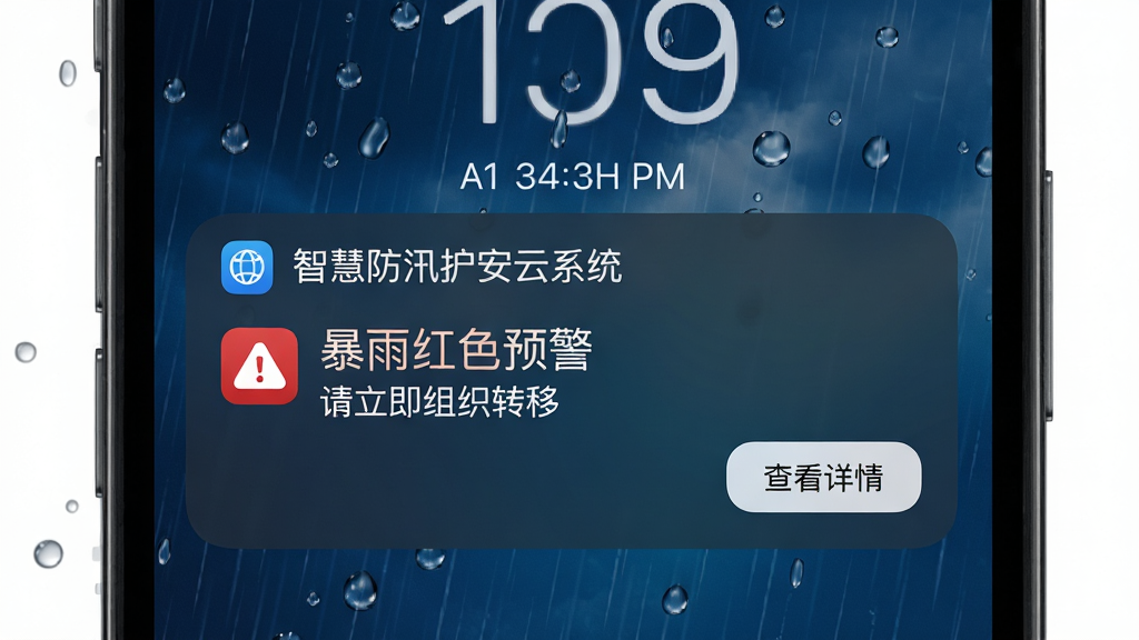手机锁屏界面弹出“智慧防汛护安云系统”的预警通知横幅,横幅文字为“暴雨红色预警”,下方显示“请立即组织转移”与查看详情按钮,背景为渐变的深蓝色雨天氛围,画面风格为写实UI展示,细节包含雨滴效果、通知图标、时间显示,画质高清,干净,无多余元素
