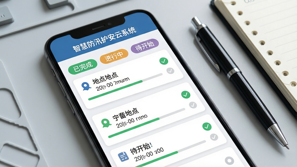 手机屏幕特写,显示“智慧防汛护安云系统”的巡检任务列表界面,包含已完成、进行中、待开始三种状态标签,每个任务卡片带有地点名称与时间范围,背景为浅灰色工作台面,旁边放置一支笔和笔记本,风格为简洁商务,细节包含进度条、图标、勾选标记,画质高清,干净,无多余元素
