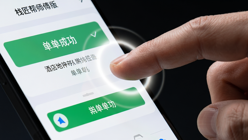 画面主体为一只手指点击手机屏幕上的抢单按钮瞬间,手机屏幕显示栈匠帮师傅版工单详情页面。布局采用侧面特写构图,手指与屏幕接触点有光圈扩散效果。风格为写实科技风。细节包括屏幕上的
