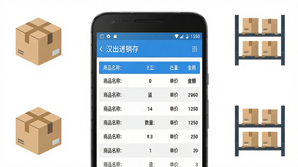 一张展示手机进销存管理界面的图片,画面中央是一部安卓手机,手机屏幕上显示“汉出进销存”应用的商品入库单据列表,界面采用蓝白配色,包含商品名称、数量、单价、金额等字段,手机周围环绕着简洁的商品包装盒与仓库货架图标,整体风格清爽商务,画面干净整洁,无多余元素,高清画质。