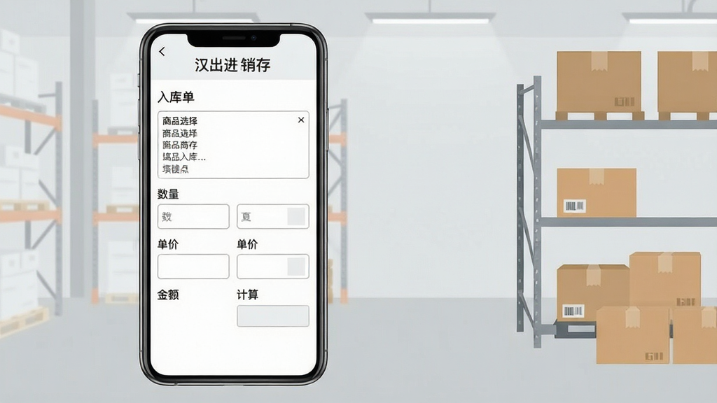 一张展示“汉出进销存”出入库单据填写界面的图片,画面以手机屏幕为主体,屏幕中显示入库单填写页面,包含商品选择框、数量输入框、单价输入框和金额自动计算区域,背景为浅灰色仓库环境,画面右侧有简洁的货架与纸箱元素,整体排版清晰,风格现代商务,画质干净,无多余装饰。