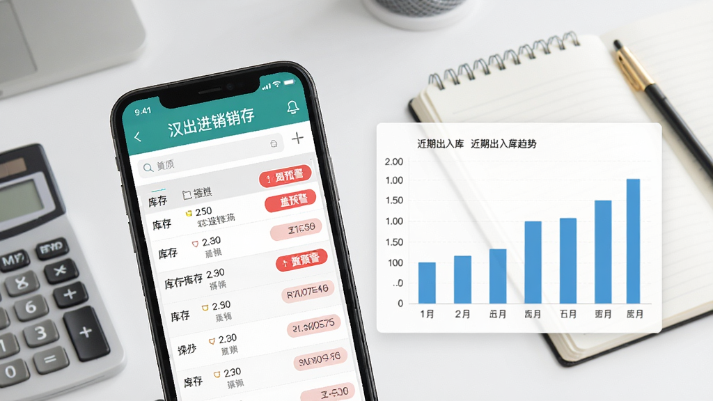 一张展示“汉出进销存”库存预警与报表界面的图片,手机屏幕中显示库存列表与红色预警标识,旁边有柱状图展示近期出入库趋势,背景为简洁的办公桌面,桌面上有计算器与记事本,整体风格清爽素雅,画面干净,高清画质,无多余元素。