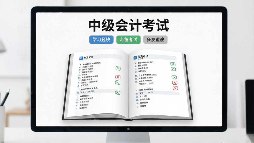 主体是一本翻开的电子习题册悬浮在屏幕中央,布局为上方标题“中级会计考试”下方三科标签,排版左右对称,风格为现代简约学习风,细节上题目选项清晰、有对错标记,画质高清,干净,无多余元素