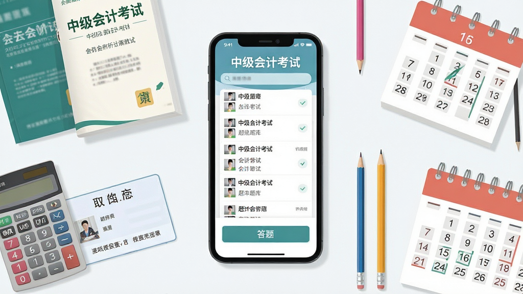 主体是一部智能手机屏幕显示“中级会计考试”应用界面,布局为居中展示手机,周围环绕会计教材、计算器、准考证、铅笔和日历元素,排版简洁清晰,风格为扁平化教育科技风,细节上屏幕内可见题库列表与答题按钮,画质高清,干净,无多余元素
