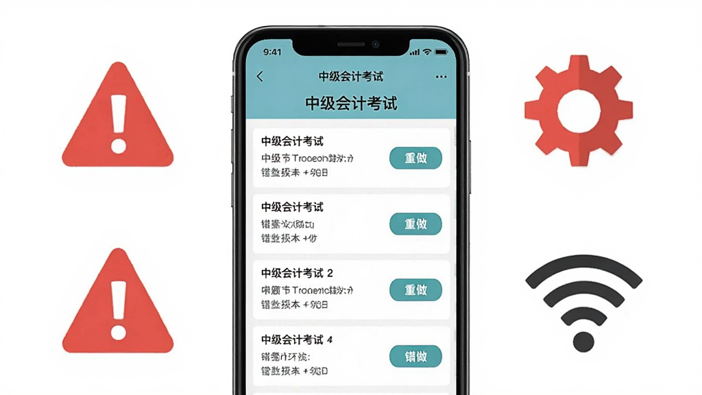 主体是一部手机展示“中级会计考试”错题本页面,布局为手机居中,周围有红色警示图标、齿轮设置图标和WiFi符号,排版简洁,风格为扁平化提示风,细节上错题列表清晰、有重做按钮,画质高清,干净,无多余元素