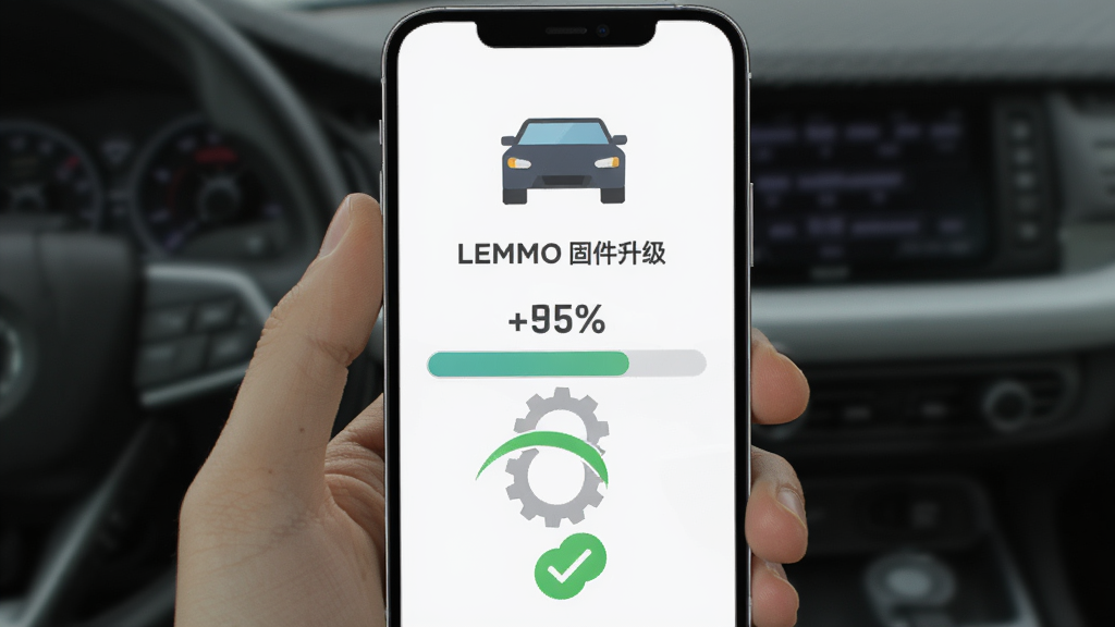 主体为手机屏幕显示固件升级进度条,布局采用上下结构,上方为车辆图标下方为进度条,排版简洁明了,风格为扁平化UI风格,细节包括百分比数字、旋转齿轮元素、绿色完成对勾,画质清晰干净,无多余元素,图片中显示文字
