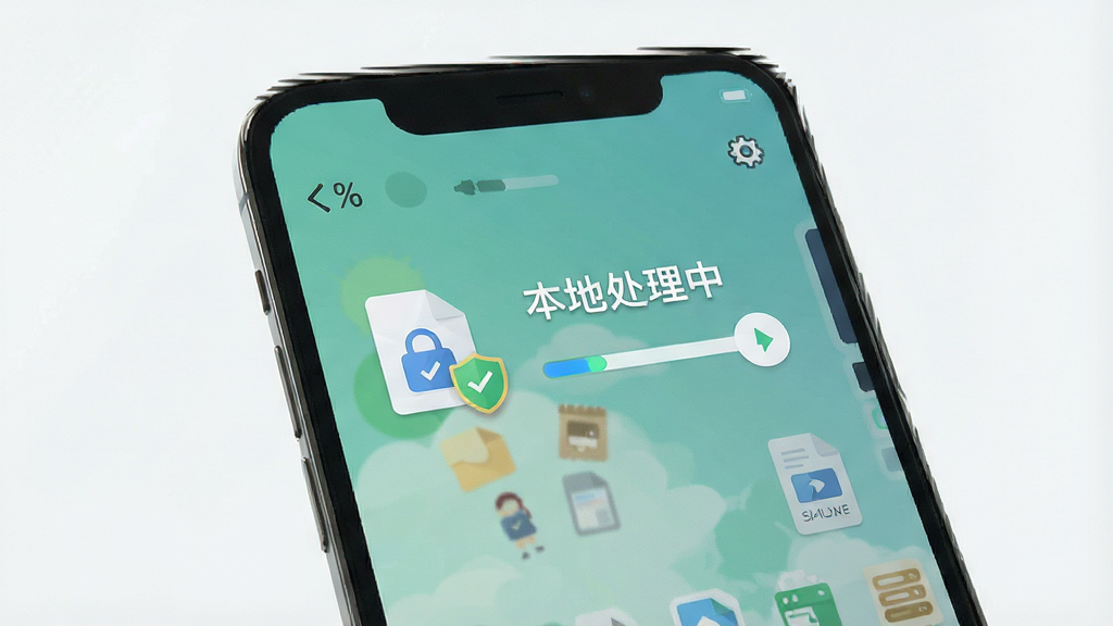 一张展示极简格式转换软件本地处理功能的图片,主体是手机屏幕特写,屏幕显示一个文件正在被转换的进度条,旁边有“本地处理中”的文字标识,布局居中,排版简洁,风格为现代扁平化设计,细节包含一个盾牌图标象征安全,画质高清,干净,无多余元素。