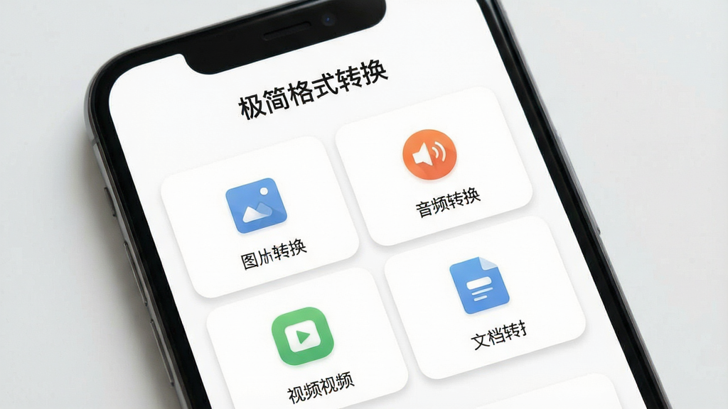 一张展示极简格式转换软件主界面的图片,主体是手机屏幕,屏幕内显示极简格式转换APP的首页,布局清晰,顶部有软件名称“极简格式转换”,中部有图片转换、音频转换、视频转换、文档转换等几个大图标按钮,排版简洁,风格为现代扁平化科技风,细节包含柔和的阴影和干净的白色背景,画质高清,干净,无多余元素。