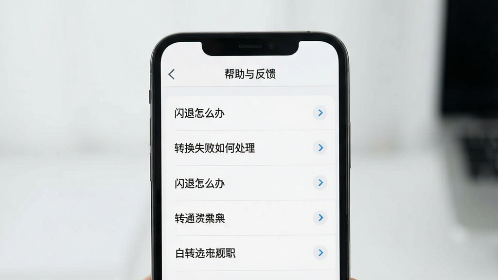 一张展示极简格式转换软件问题解决指南的图片,主体是手机屏幕,屏幕显示一个帮助与反馈界面,上面列出常见问题如“闪退怎么办”、“转换失败如何处理”等,布局为列表式,排版清晰,风格为现代简约风,细节包含每个问题旁边有展开箭头,画质高清,干净,无多余元素。
