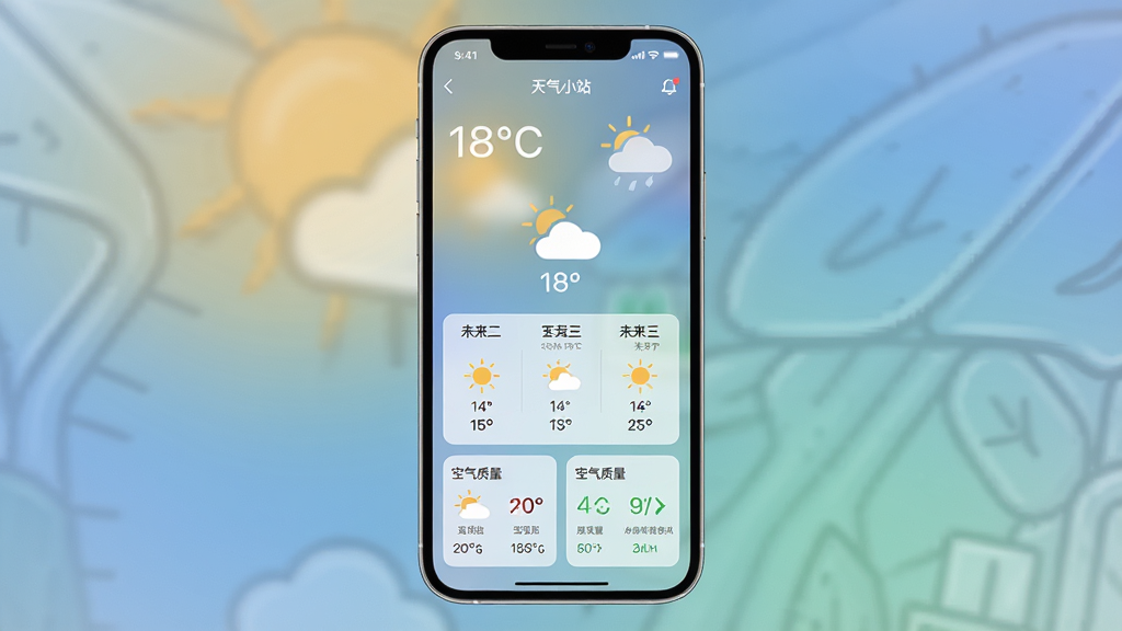 一张展示天气小站软件界面的图片,主体为手机屏幕上的天气小站应用主界面,布局居中,屏幕内显示当前温度、天气图标、未来三天预报与空气质量卡片,排版清晰整洁,风格为现代简约扁平化设计,细节包含半透明毛玻璃效果与柔和渐变背景,画质高清,干净,无多余元素