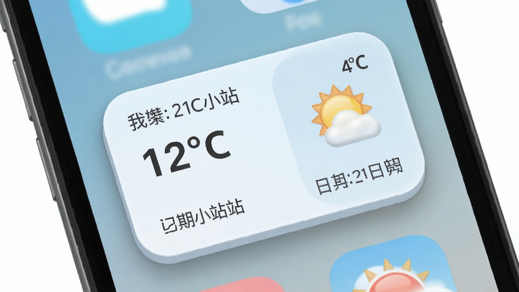 一张展示天气小站桌面小部件的图片,主体为手机桌面上的天气小站小部件,布局为桌面网格中放置一个矩形天气卡片,排版展示温度、天气图标与日期,风格为清新浅色拟物风格,细节包含圆角边框与柔和阴影,画质高清,干净,无多余元素