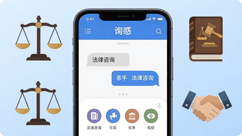 画面中央是一部智能手机,屏幕显示“询惑”应用主界面,界面中有法律咨询对话框和分类图标,手机周围环绕着天平、法典、握手等法律元素图标,背景为浅蓝色渐变,整体布局简洁大方,风格为扁平化科技插画,细节清晰,画质干净明亮,无多余元素