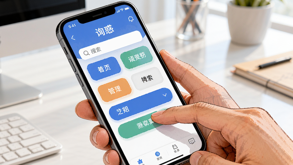 画面中一只手拿着手机,手机屏幕显示“询惑”应用界面,界面中有清晰的分类按钮和搜索框,手指正点击其中一个按钮,背景为明亮的办公桌面,风格为实景与插画结合,细节丰富,画质干净,无多余元素