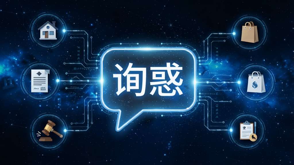 画面中心是一个发光的对话气泡,气泡内显示“询惑”字样,气泡周围延伸出多条线条连接着不同法律领域的图标,如房屋、劳动合同、购物袋等,背景为深蓝色星空,风格为科技感信息图,细节精致,画质清晰,无多余元素