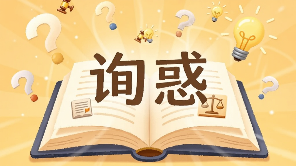 画面中央是一本打开的书本,书页上浮现出“询惑”字样和法律条文图标,书本周围漂浮着问号与灯泡,背景为暖黄色调,风格为知识科普插画,细节清晰,画质柔和,无多余元素