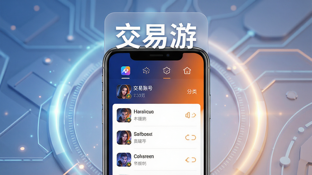 一张展示交易游手机应用界面的概念图,画面中央是智能手机屏幕,屏幕内呈现游戏账号交易列表与分类导航,主色调为深蓝与橙色渐变,背景是简洁的科技感光晕,屏幕上方用白色字体写着“交易游”,整体风格干净明亮,画质清晰无多余元素