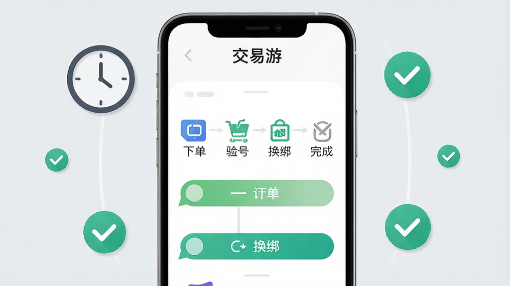 一张表现交易游订单进度可视化的界面示意图,画面中央是手机屏幕,屏幕内显示订单步骤条与状态标签,步骤包括下单、验号、换绑、完成,周围环绕时钟与对勾图标,背景为浅灰色,风格简约商务,屏幕顶部有“交易游”标识,画质清晰,无杂乱元素