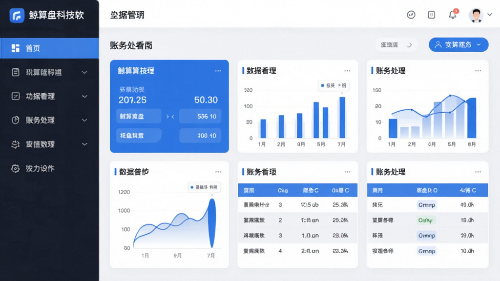 画面主体为鲸算盘科技软件主界面,布局采用左右分栏结构,左侧为功能导航菜单,右侧为数据看板与账务处理区域,整体排版简洁有序,风格为现代商务科技风,细节包括蓝白配色、卡片式数据展示、图表与表格元素,画质清晰干净,无多余装饰元素