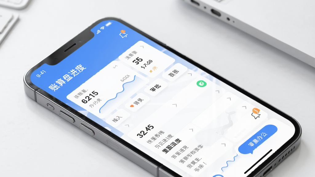 鲸算盘科技移动端协同办公场景,主体为手机屏幕展示账务进度与审批界面,布局为上下结构,排版简洁,风格为清新商务风,细节包括手机外观、数据卡片、消息提醒图标,画质清晰干净,无多余元素