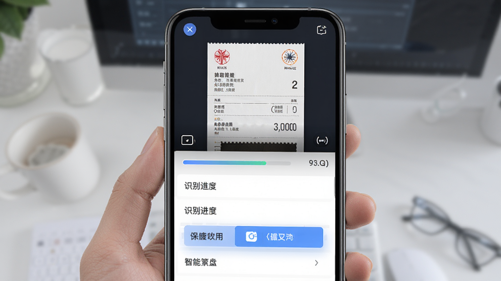 鲸算盘科技软件中智能票据识别功能界面,主体为手机拍摄发票后自动识别录入的场景,布局为上方票据图片下方识别结果字段,排版整齐,风格为科技简约风,细节包括发票图像、识别进度条、字段填充动画效果,画质清晰干净,无多余元素