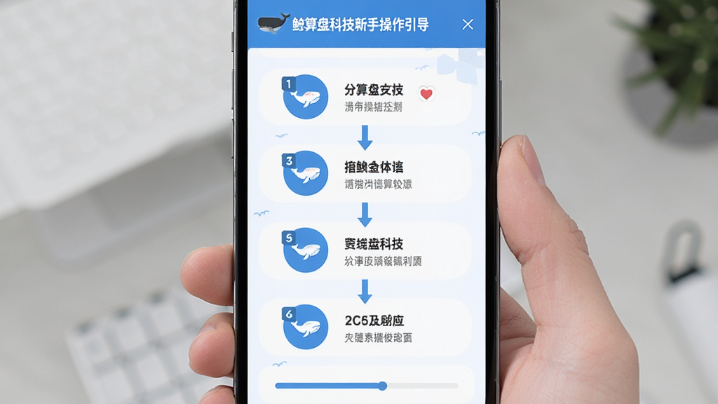 鲸算盘科技新手操作引导界面,主体为手机屏幕展示分步操作指引,布局为纵向步骤条,排版清晰,风格为扁平化设计,细节包括步骤序号、图标、文字说明、进度指示,画质干净,无多余元素