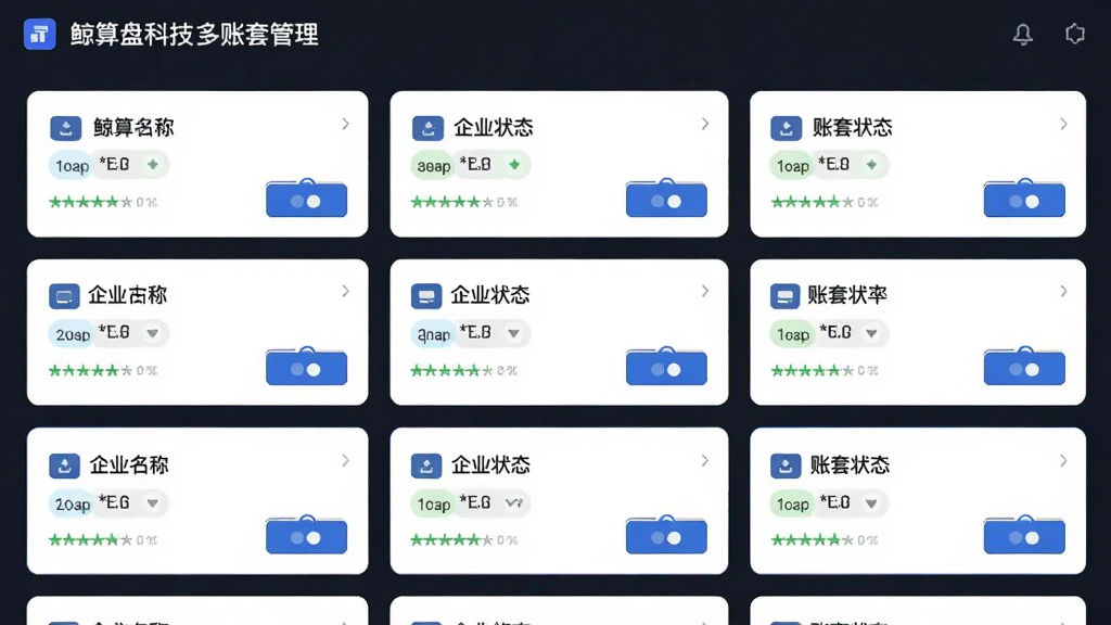 鲸算盘科技多账套管理界面,主体为多个企业账套卡片列表展示,布局为网格状排列,排版清晰,风格为商务简约风,细节包括企业名称、账套状态标识、切换按钮,画质干净,无多余元素