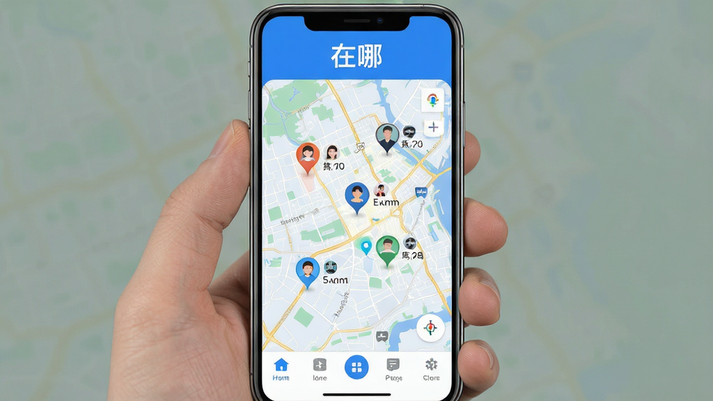 一张展示「在哪」软件界面的手机屏幕截图,屏幕中央显示一张城市地图,地图上有几个不同颜色的定位标记点,每个标记点旁边显示头像和距离信息,界面顶部有软件名称「在哪」的文字标识,底部有功能导航栏,整体风格简洁现代,配色以蓝白色调为主,画质清晰,干净无多余元素,适合软件下载站展示使用