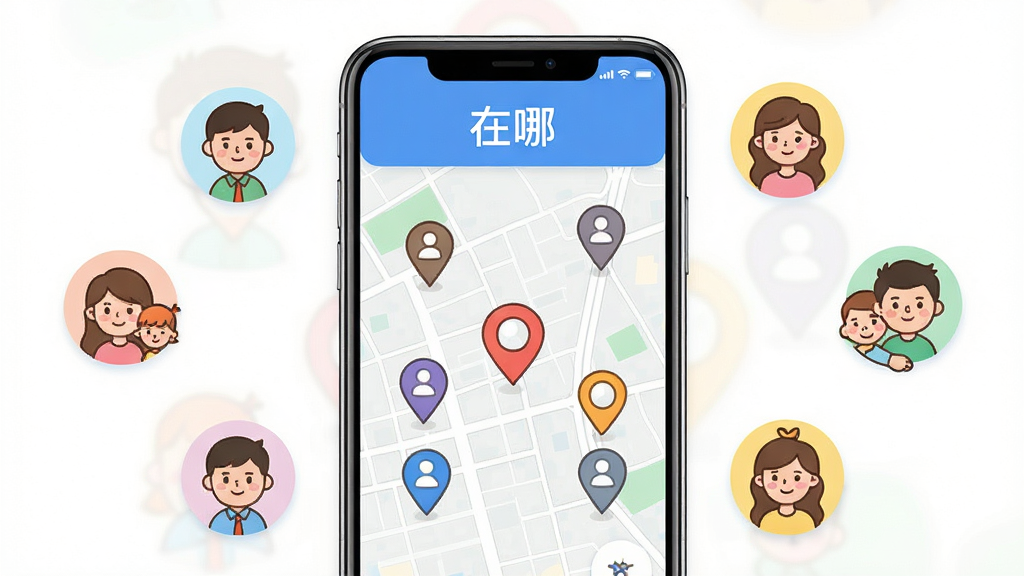 一幅展示「在哪」实时位置共享功能的AI生图,画面主体是一部智能手机,手机屏幕显示一张带有多个彩色头像定位标记的地图界面,地图背景是简洁的城市道路网格,屏幕上方有软件名称「在哪」字样,手机周围环绕着代表家人朋友的卡通头像图标,布局居中,风格清新明快,细节丰富,画质高清,干净无多余元素