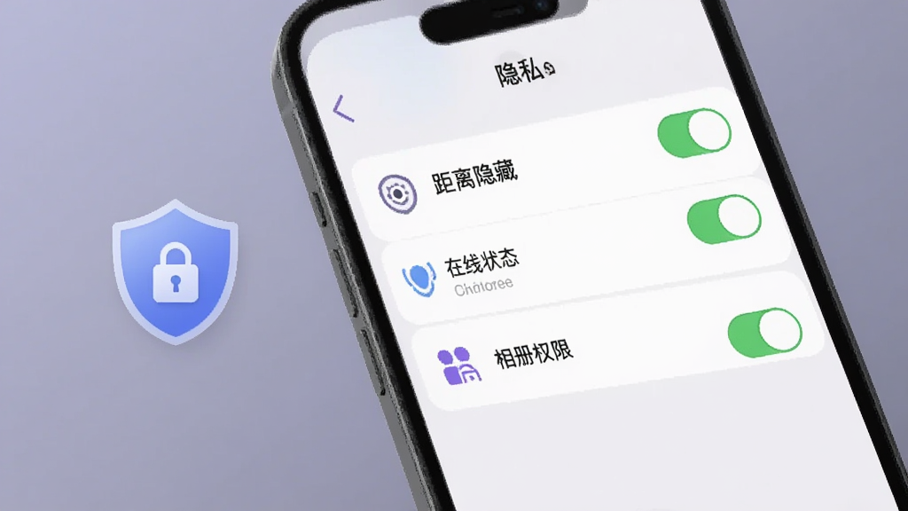 火恋隐私保护功能界面展示,手机屏幕上显示着隐私设置开关列表,包括距离隐藏、在线状态、相册权限等选项,旁边有盾牌和锁的图标元素,背景为柔和的紫灰色调,布局整齐,风格简约,画质清晰,干净无多余元素
